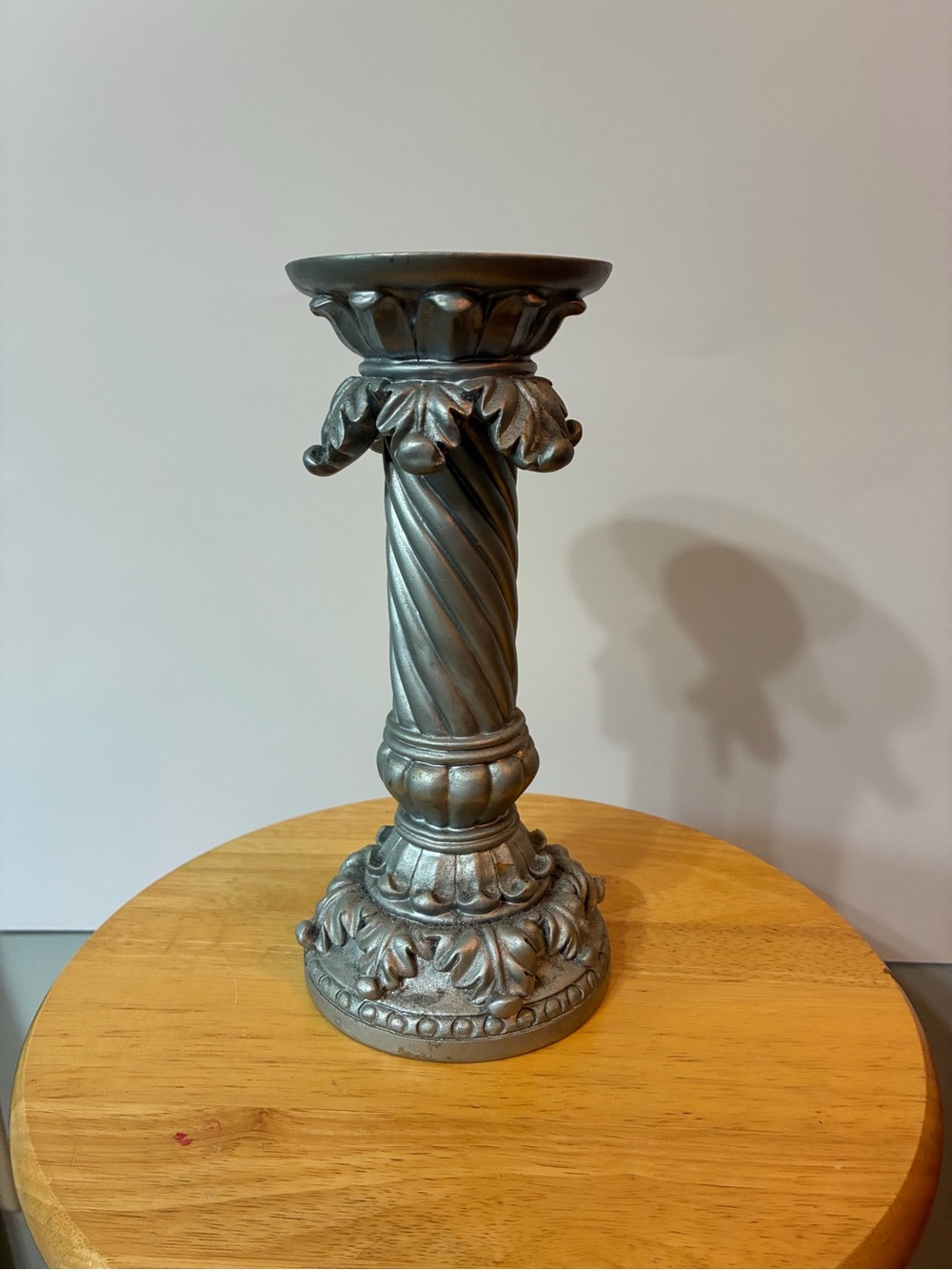 Ornate Silver Resin Candlestick Holder - Classic Column Accent